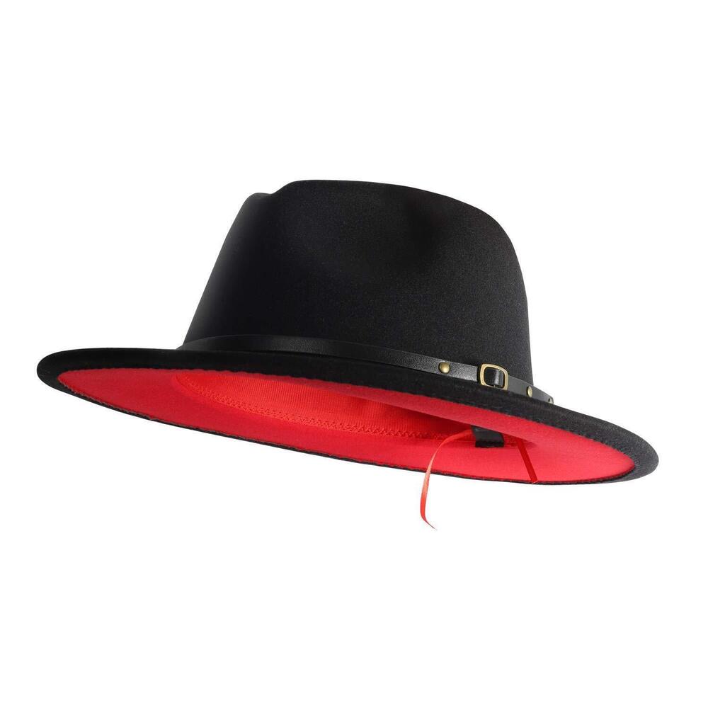 3757 & Wide Brim Wool Felt Fedora Hat with Belt Buckle Two Tone Patchwork